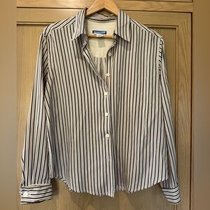 Vintage Pendleton Cream/Blue/Black Silk Retro Secretary Blouse / 12 Petite